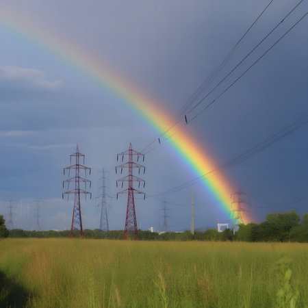 A vibrant rainbow arches over a row of power lines in a rural field.の写真素材