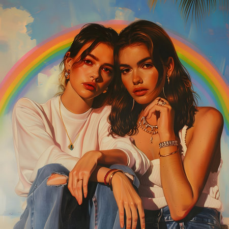 Two beautiful young women in a portrait style shot with a rainbow behind them, they are smiling and laughing together, showing their joy and friendship.の写真素材
