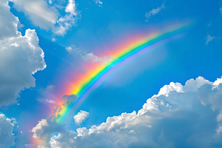 A vibrant rainbow stretches across a blue sky, with fluffy white clouds adding to the beauty of the scene.の写真素材