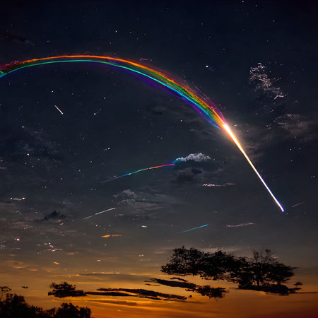 A vibrant rainbow arches across a starry night sky, with multiple shooting stars streaking through the darkness.の写真素材