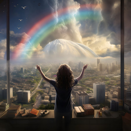 A woman stands by a window, arms raised in awe, looking at a rainbow arching over a cityscape. The scene evokes a sense of hope and optimism.の写真素材