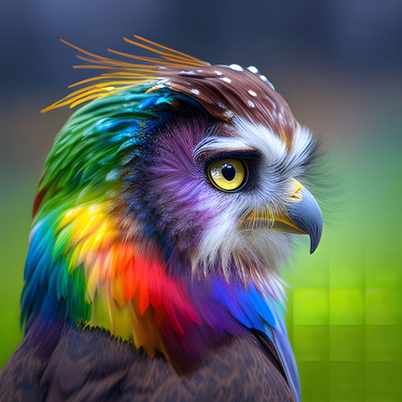 A close-up portrait of an owl with vibrant rainbow feathers.の写真素材