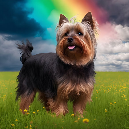 A Yorkshire Terrier dog is standing in a field of grass with a rainbow in the background. The dog is looking at the camera and has a happy expression on its face.の写真素材