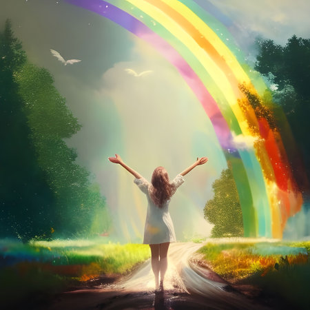 A woman stands with her arms outstretched beneath a vibrant rainbow, symbolizing hope, dreams, and the beauty of nature.の写真素材