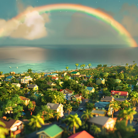 A stunning aerial view of a coastal town with a rainbow arching over it.の写真素材