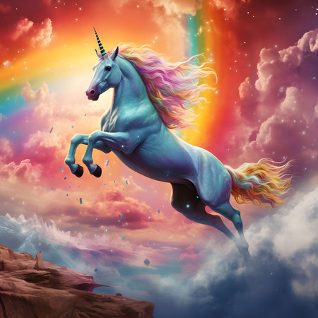 A majestic unicorn leaps through a colorful sky filled with clouds and a rainbow, radiating magic and wonder.の写真素材