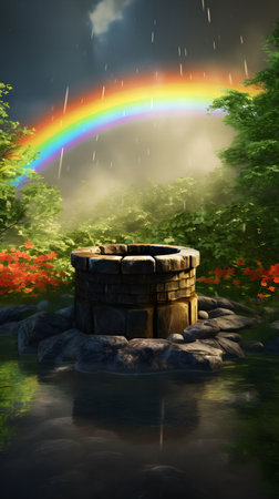 A stone well surrounded by lush green foliage and a pond, with a colorful rainbow arching over it in a magical setting.の写真素材