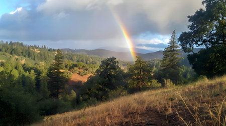 A breathtaking view of a rainbow arching over rolling forest hills, bathed in the soft light of the setting sun.の写真素材