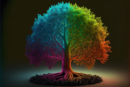 A digitally created rainbow tree with vibrant colors and intricate details, showing the beauty and creativity of digital art.の写真素材