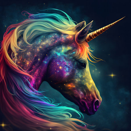 A majestic unicorn with a galaxy-inspired mane and coat, symbolizing magic and wonder.の写真素材