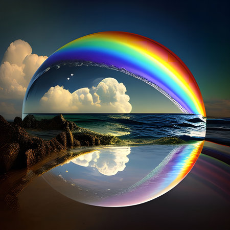 A colorful rainbow bubble encloses a seascape with clouds and reflection. The image evokes a dreamy...