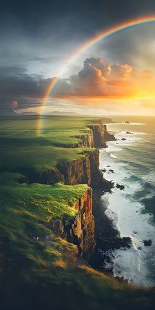 A stunning aerial view of a dramatic coastline with a rainbow arching over a cliff and the ocean at...