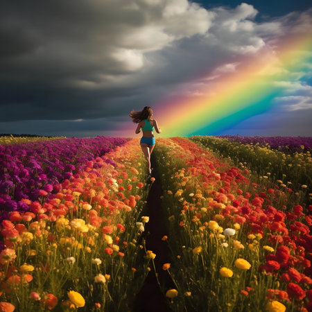 A woman running toward a rainbow in a field of flowers. The picture is vibrant and full of life.の写真素材