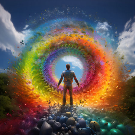 A man stands before a swirling rainbow portal, symbolizing opportunity and a journey into the unknown.の写真素材