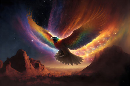 A majestic phoenix soars through a starry sky, its wings ablaze with color against a backdrop of...