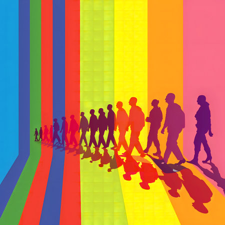 A digital illustration featuring silhouettes of people walking in a colorful abstract background of linesの写真素材