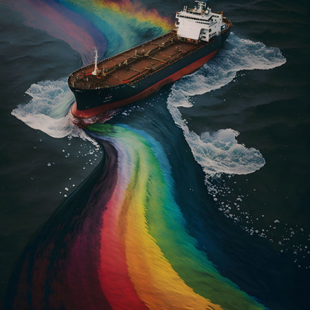 A ship sailing through the ocean leaves a vibrant rainbow trail in its wake. The surreal and colorful scene evokes a sense of wonder and possibility.の写真素材