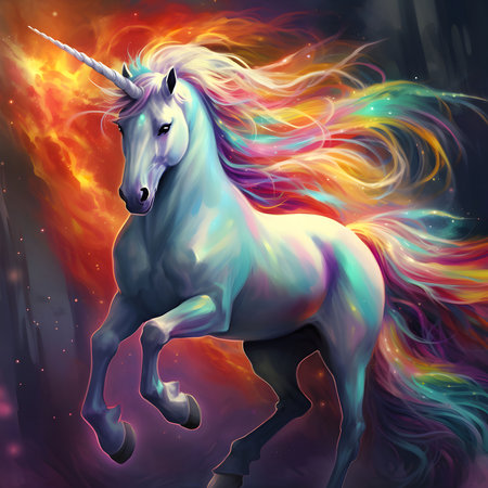 A majestic unicorn with a flowing rainbow mane and tail against a backdrop of cosmic dust and stars. The unicorn's magical aura shines through, creating a sense of wonder and enchantment.の写真素材