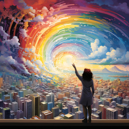 A woman stands on a rooftop overlooking a cityscape, reaching towards a vibrant rainbow spiraling across the sky. It is a powerful symbol of hope, inspiration, and the pursuit of dreams.の写真素材