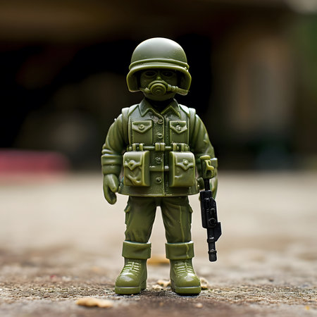 A green plastic toy soldier with a gas mask and a rifle, standing on a concrete surface. The soldier...