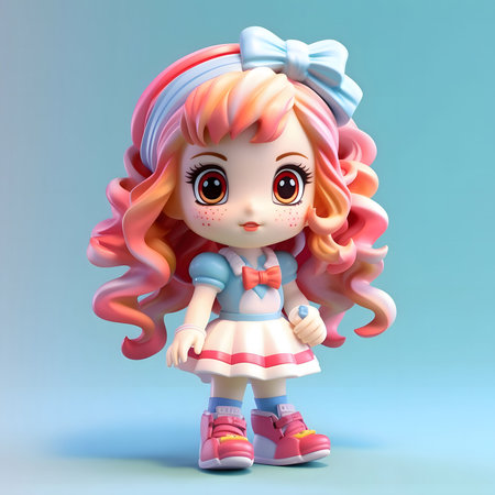 A 3d rendered cute cartoon girl with pink hair and a blue and white dress.