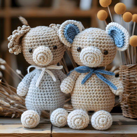 Two adorable crochet piglets, one with blue ears and a blue bow and another with white ears and a white bow, standing on a wooden surface.の写真素材