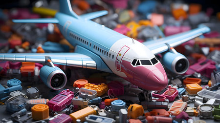 A close-up image of a blue and pink airplane model surrounded by colorful plastic debris, suggesting...