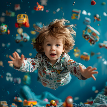 A young boy in a patterned shirt is joyfully flying through the air, surrounded by colorful toys....