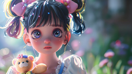 A close-up portrait of a cute anime girl with large blue eyes, wearing a pink bow in her hair, and holding a teddy bear.の写真素材