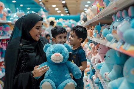 A family is shopping for a teddy bear in a toy store. The mother is holding a blue teddy bear, while her two children are smiling happily. The store is full of colorful plush toys.の写真素材