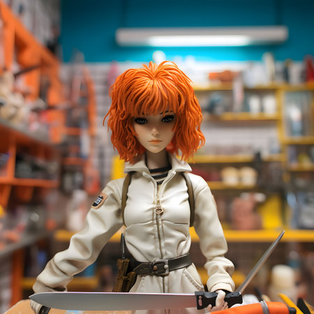 A close-up of a doll with orange hair and a white jumpsuit holding a knife. The doll is posed in a...