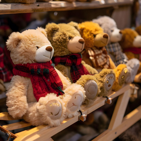 A group of teddy bears are lined up on a wooden shelf, ready to be taken home by their new owners.の写真素材