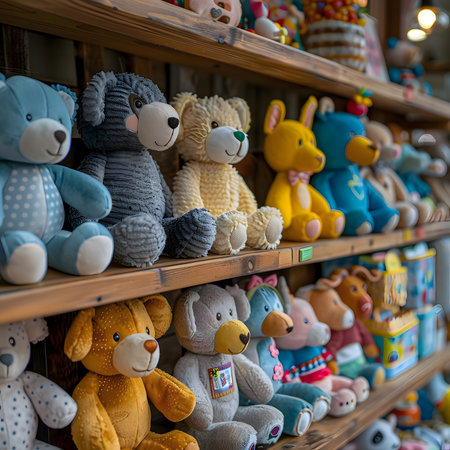 A vibrant display of plush toys on a wooden shelf. The toys are arranged in a variety of colors and sizes, creating a visually appealing and playful scene. The soft, cuddly toys evoke a sense of childhood and happiness.の写真素材