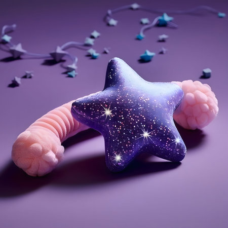 A purple star shaped plush toy with a glittery texture. The toy is soft and cuddly, perfect for children.の写真素材