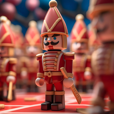A close-up shot of a red plastic toy soldier, with a focus on the details of its face and uniform. The background is blurred, showing other toy soldiers.の写真素材