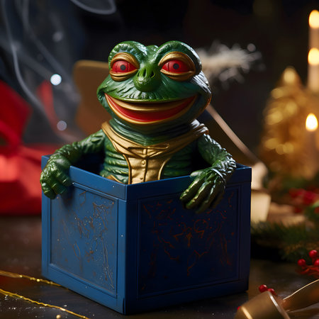 A green frog figurine with a golden smile, peering out of a blue music box.の写真素材