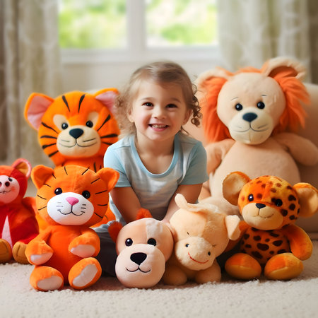 A little girl sitting on the floor surrounded by plush toys, smiling happily.の写真素材
