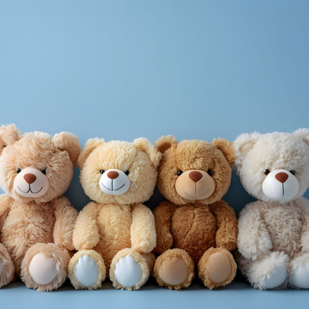 Four teddy bears sitting in a row, arranged by color on a blue background.の写真素材