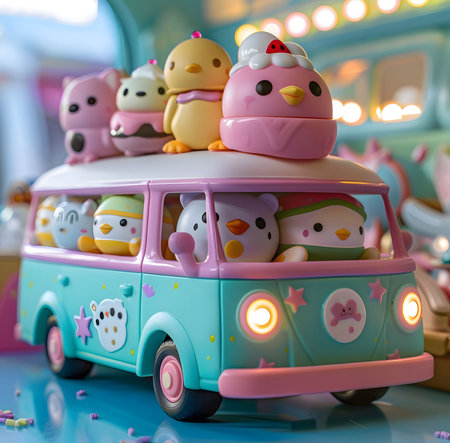 A brightly colored toy van with cute cartoon figures as passengers. The van features playful details like headlights, stickers and a whimsical design.の写真素材