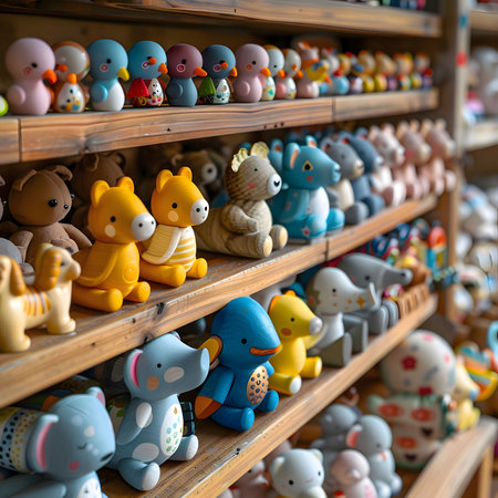 A collection of colorful toy figurines arranged on wooden shelves, creating a visually appealing and nostalgic display. The figurines depict various animals and characters, showcasing a vibrant and playful aesthetic.の写真素材