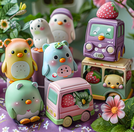 A whimsical display of adorable toy characters in vibrant pastel hues, evoking a sense of joy and...