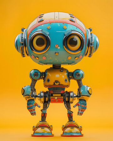 A close-up of a cute robot with big eyes and a yellow body, set against a bright yellow background....
