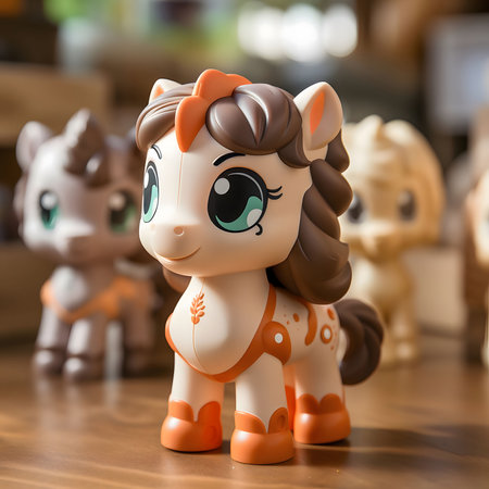 A close-up of a toy pony with big eyes and a cute smile. It's made of plastic and is likely a toy for children. The pony's brown hair and orange hooves add to its charming appearance.の写真素材