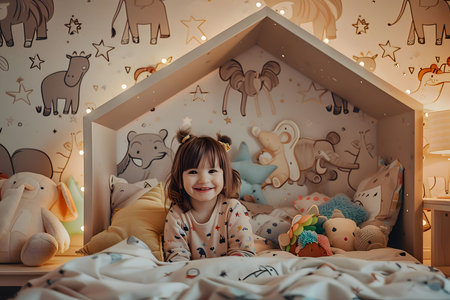 A young girl smiles brightly while sitting in her bed surrounded by stuffed animals and pillows in a playfully decorated bedroom.の写真素材