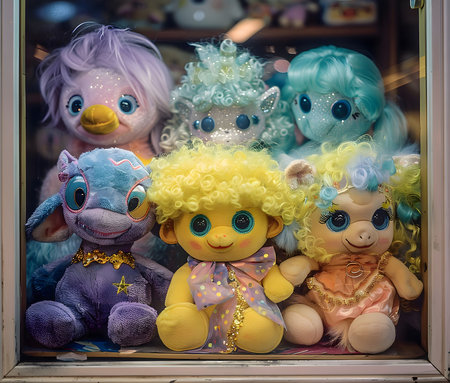 A collection of brightly colored plush toys displayed in a glass cabinet. Each toy has a different design and personality, making for a fun and whimsical scene.の写真素材