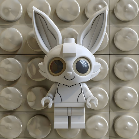 A close-up shot of a white toy rabbit figurine with big eyes and a happy smile. The figurine is made of plastic and has a cute, playful expression.の写真素材