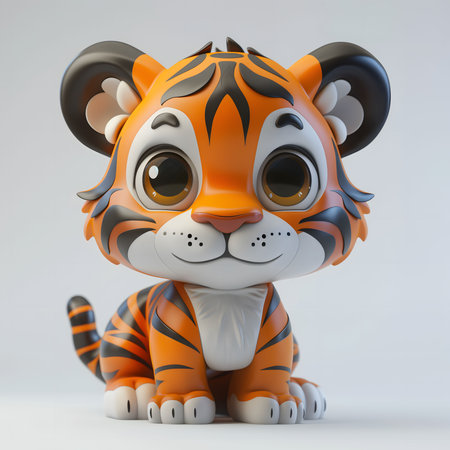 Close-up of a 3D cartoon tiger cub with big eyes and an adorable expression.の写真素材