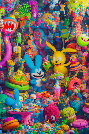 A vibrant 3D illustration bursting with color and whimsical characters, transporting viewers into a...