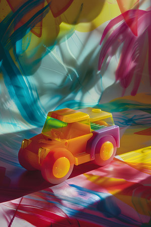 A yellow toy car is placed on a colorful abstract background, capturing a sense of childlike joy and creativity.の写真素材
