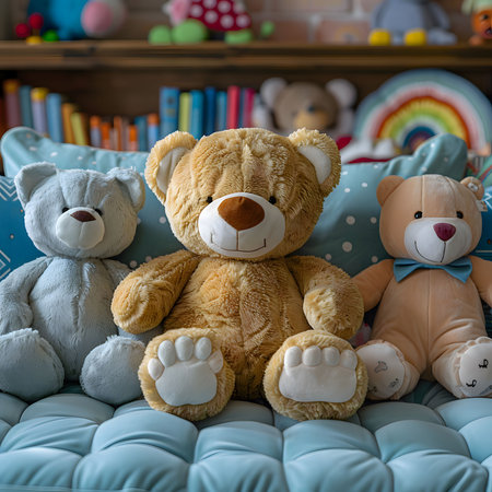 Three plush toys, a brown teddy bear, a blue teddy bear, and a beige teddy bear, are sitting on a blue couch. The teddy bears are all smiling and looking happy.の写真素材